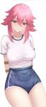  1girl absurdres animal_ears arms_behind_back blue_shorts blush bound bound_arms breasts closed_mouth fox_ears fox_girl genshin_impact head_tilt highres large_breasts looking_at_viewer pink_eyes pink_hair school_uniform shirt shorts sitting solo thighs too_(totoo) white_background white_shirt yae_miko 