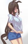  1girl admire_vega_(umamusume) animal_ears blue_shorts brown_hair clothes_pull commentary_request ear_ornament from_side highres horse_ears horse_girl horse_tail long_hair looking_at_viewer partial_commentary pulled_by_self purple_eyes ryouta_(ryouta335) shirt shirt_pull shorts simple_background solo t-shirt tail umamusume white_background white_shirt 