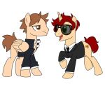  brown_eyes brown_hair doomentio doomverse duo equid equine eyewear friendship_is_magic green_eyes hair hasbro horn horse hot_cake jerry_reviewer male mammal my_little_pony necktie pony red_hair simple_background sunglasses unicorn_horn white_background 