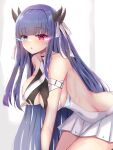  1girl :o azur_lane bangs bare_shoulders blue_eyes blue_hair blush breasts cleavage cleavage_cutout clothing_cutout covered_navel habu_rin heterochromia highres horns ibuki_(azur_lane) large_breasts long_hair looking_at_viewer red_eyes revealing_clothes ribbon sidelocks skirt solo sweat very_long_hair 