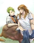  2boys achilles_(fate) arata_(lak) armor bangs blue_scarf brown_hair centaur chiron_(fate) eye_contact fate/apocrypha fate/grand_order fate_(series) feet_out_of_frame flower grass green_eyes green_hair holding holding_another&#039;s_hair holding_clothes holding_scarf leaning_on_person light_particles long_hair looking_at_another looking_back male_focus multiple_boys orange_scarf parted_bangs parted_lips profile scarf short_hair shoulder_armor sitting sleeveless smile swept_bangs taur toned toned_male tunic upper_body white_tunic yaoi yellow_eyes 