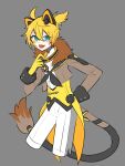  animal_ears aqua_eyes blonde_hair cropped_legs fake_animal_ears fur-trimmed_sleeves fur_collar fur_trim gloves grey_background hand_on_hip highres kagamine_len lion_boy lion_ears lion_tail long_sleeves magical_mirai_(vocaloid) magical_mirai_len magical_mirai_len_(2019) mechanical_ears monitaros_393 shorts simple_background tail vocaloid white_shorts yellow_gloves 