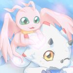  &lt;3 anthro bandai_namco digimon digimon_(species) duo gammamon green_eyes healing healing_magic horn marineangemon pink_body sansyonoki64 white_body wings yellow_eyes 