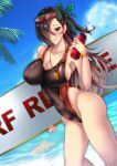  1girl absurdres alternate_costume black_one-piece_swimsuit bottle breasts butterfly_hair_ornament cleavage eyewear_on_head fire_emblem fire_emblem_fates hair_ornament hair_over_one_eye highleg highleg_swimsuit highres kagero_(fire_emblem) kuga_zankurou large_breasts lifeguard long_hair ocean one-piece_swimsuit palm_tree smile surfboard swimsuit tree twitter_username water_bottle whistle whistle_around_neck 
