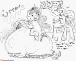  2021 5:4 belly big_belly bodily_fluids bubble burping clothing crown cutie_mark dialogue digestion drooling duo english_text equid equine eyelashes eyes_closed feathered_wings feathers female feral footwear friendship_is_magic hasbro hi_res horn hyper hyper_belly inner_ear_fluff mammal mass_vore monochrome my_little_pony novaspark open_mouth oral_vore princess_celestia_(mlp) princess_luna_(mlp) saliva shoes text tongue tongue_out tuft vore winged_unicorn wings 