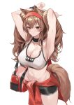  1girl absurdres angelina_(arknights) animal_ears arknights armpits arms_up bag breasts brown_hair clothes_around_waist duffel_bag fox_ears fox_tail hairband highres infection_monitor_(arknights) large_breasts long_hair midriff molyb navel red_eyes shorts sports_bra tail twintails 