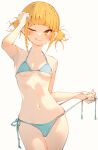  1girl :p arm_up armpits bangs bare_shoulders bikini blonde_hair blunt_bangs blush boku_no_hero_academia breasts closed_mouth collarbone cowboy_shot double_bun foreshortening grey_bikini hair_bun halterneck hands_in_hair highres looking_at_viewer medium_breasts messy_hair micro_bikini navel one_eye_closed rasusurasu short_hair_with_long_locks side-tie_bottom sidelocks simple_background solo standing straight_hair strap_pull swimsuit toga_himiko tongue tongue_out tsurime v-shaped_eyebrows white_background yellow_eyes 