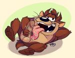  anthro balls big_tongue bodily_fluids dasyurid dasyuromorph erection fur genitals hi_res licking looney_tunes male mammal marsupial penis saliva simple_background smile solo tasmanian_devil tasmanian_devil_(looney_tunes) teeth tongue tongue_out topony warner_brothers 