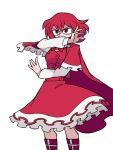  1girl angry bangs boots bow cape covering_mouth eddybird55555 highres okazaki_yumemi red_bow red_cape red_eyes red_hair red_vest shirt short_hair skirt touhou touhou_(pc-98) vanripper_(style) vest white_shirt 