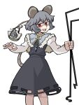  1girl :d absurdres animal_ears blue_capelet capelet dowsing_rod dress eddybird55555 english_commentary fur_trim grey_dress grey_hair highres jewelry long_sleeves looking_at_viewer mouse mouse_ears mouse_girl mouse_tail nazrin open_mouth pendant red_eyes ringed_eyes short_hair simple_background smile solo standing tail touhou vanripper_(style) white_background 