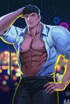  1boy abs arm_behind_head artist_name bara bare_pectorals belt black_belt black_hair black_pants closed_mouth collared_shirt highres indoors large_pectorals looking_at_viewer male_focus muscular muscular_male navel night nipples odol_illust open_clothes open_shirt original pants pectorals shirt short_hair solo white_shirt window 