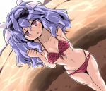  1girl ahoge arm_behind_back bare_shoulders beach bikini blush breasts clenched_hand epic_seven eyewear_on_head from_above front-tie_top hair_ribbon helen_(epic_seven) light_purple_hair looking_at_viewer navel open_mouth pink_eyes ribbon solo sunglasses swimsuit tsuzuri_(tuzuri) two_side_up water wavy_hair 