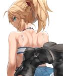 1girl ass back bandeau bangs bare_shoulders black_footwear blonde_hair blue_shorts boots braid breasts denim denim_shorts fate/apocrypha fate/grand_order fate_(series) french_braid green_eyes highres long_hair looking_at_viewer looking_back mordred_(fate) mordred_(fate/apocrypha) mordred_(memories_at_trifas)_(fate) parted_bangs ponytail short_shorts shorts sidelocks small_breasts solo tonee 