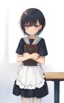  1girl apron black_hair blush bow brown_eyes closed_mouth commentary crossed_arms embarrassed highres menu na-ga original red_bow school_uniform short_hair short_sleeves simple_background skirt solo table 