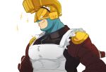  1boy apron arms_(game) grin helmet male_focus mask max_brass shanty_(mattariino) simple_background smile solo upper_body white_background yellow_headwear 