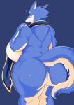  anthro atherbirochi big_breasts big_butt blue_body blue_fur breasts butt canid canine female fur hi_res huge_breasts huge_butt looking_at_viewer looking_back looking_back_at_viewer mammal rear_view solo 