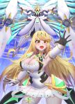  absurdres bangs bare_shoulders blonde_hair breasts chest_jewel cleavage cleavage_cutout clothing_cutout dress earrings elbow_gloves gem gloves headpiece highres jewelry large_breasts litiya long_hair mythra_(xenoblade) short_dress swept_bangs tiara very_long_hair white_dress white_gloves xenoblade_chronicles_(series) xenoblade_chronicles_2 yellow_eyes 
