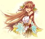  1girl anoushka_russell bangs blue_eyes blue_flower blush breasts ciel_nosurge dress english_commentary floating_hair flower flower_wreath head_tilt ionasal_kkll_preciel long_hair looking_at_viewer one_eye_closed parted_lips small_breasts smile solo very_long_hair white_dress 