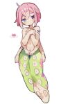  1girl absurdres arm_tattoo blue_eyes blush covering covering_breasts extra_arms full_body hair_between_eyes heterochromia highres monster_girl original pink_hair scylla short_hair simple_background sweat tattoo uenomigi white_background 