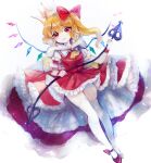  1girl :3 alternate_headwear ascot bangs blonde_hair bow brooch cape closed_mouth commentary crown crystal dress fang flandre_scarlet frilled_dress frills full_body fur-trimmed_cape fur_trim hair_bow highres holding jewelry kyogoku-uru laevatein_(touhou) long_hair looking_at_viewer one_side_up pointy_ears puffy_short_sleeves puffy_sleeves red_bow red_dress red_eyes red_footwear shirt shoes short_sleeves smile solo thighhighs touhou white_background white_shirt white_thighhighs wings wristband yellow_ascot 