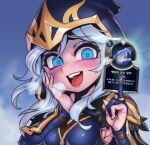  1girl :d ashe_(league_of_legends) bangs blue_background blue_eyes blush breasts card fur_trim grey_hair hair_between_eyes hands_up holding hood hood_up league_of_legends legends_of_runeterra long_hair medium_breasts phantom_ix_row playing_card shoulder_plates smile solo teeth translation_request upper_teeth white_background 
