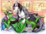  absurd_res bed big_breasts blue_formalin breasts clothing davian_tul diana_digma dragon duo facial_horn female fur furniture green_body green_scales hi_res horn male painting scales scalie sergal toy underwear weapon 