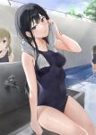  3girls absurdres bangs bare_arms bare_shoulders black_choker black_hair black_one-piece_swimsuit blonde_hair blush choker closed_mouth commentary_request highres long_hair looking_at_another looking_at_viewer multiple_girls one-piece_swimsuit original outdoors parted_lips pool purple_eyes smile solo_focus swimsuit thighs towel wet xretakex 