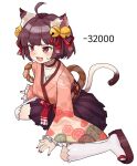  1girl :3 ahoge animal_ears bell brown_eyes brown_hair cat_ears cat_girl cat_tail choker frilled_choker frills full_body hair_bell hair_ornament highres ichihime japanese_clothes jingle_bell kneeling mahjong_soul open_mouth red_nails renoana short_hair simple_background sweatdrop tail white_background 