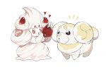  alcremie alcremie_(vanilla_cream) animal_focus black_eyes bread dog fidough food fruit heart holding holding_food lingzi no_humans open_mouth pokemon pokemon_(creature) pokemon_(game) pokemon_sv pokemon_swsh red_eyes saliva strawberry white_background 