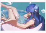  1girl aqua_background bathing bathtub blue_hair border bow breasts bubble caustics crossed_ankles highres long_hair looking_at_viewer ossan_zabi_190 outstretched_hand ranma_1/2 red_eyes shampoo_(ranma_1/2) small_breasts solo tongue tongue_out water white_border white_bow 