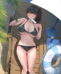  1girl alternate_costume bare_arms bare_legs bare_shoulders bikini black_bikini blush breasts brown_eyes brown_hair can closed_mouth collarbone eyewear_on_head feet_out_of_frame food hair_between_eyes holding holding_food innertube kaga_(kancolle) kantai_collection large_breasts long_hair mani_oniniku navel parasol popsicle side_ponytail solo swimsuit umbrella 