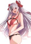  1girl :d azur_lane bare_arms bikini black_hair breasts cleavage cowboy_shot elbe_(azur_lane) fang frilled_bikini frills front-tie_top hair_between_eyes halterneck hand_under_clothes hand_under_swimsuit long_hair multicolored_hair navel open_mouth raised_eyebrows red_bikini red_ribbon ribbon schreibe_shura simple_background smile solo stomach strap_pull streaked_hair swimsuit two-tone_bikini two_side_up wet white_background white_hair 