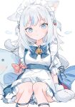 1girl :&lt; absurdres animal_ear_fluff animal_ears animal_hands apron bell blue_bow blue_dress blue_eyes blue_hair blush bow cat_ears cat_girl cat_tail collared_dress dress feet_out_of_frame frilled_apron frills gawr_gura gloves grey_hair hair_ornament highres hololive hololive_english jingle_bell long_hair looking_at_viewer maid_headdress mokyuko multicolored_hair neck_bell paw_gloves pink_bow puffy_short_sleeves puffy_sleeves short_sleeves simple_background sitting solo streaked_hair tail two_side_up virtual_youtuber white_apron white_background white_footwear 