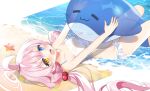  1girl :d ahoge bangs bare_arms bare_shoulders beach bikini blue_archive blue_eyes blush commentary_request frilled_bikini frills hair_between_eyes hair_bobbles hair_ornament halo heterochromia holding hoshino_(blue_archive) hoshino_(swimsuit)_(blue_archive) inflatable_toy inflatable_whale knees_up kurot long_hair looking_at_viewer low_twintails lying on_back outstretched_arms pink_hair sand shallow_water smile solo starfish swimsuit transparent twintails very_long_hair water white_bikini yellow_eyes 