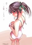  1girl bare_arms bare_legs bare_shoulders blush breasts brown_eyes brown_hair closed_mouth feet_out_of_frame from_above from_behind jintsuu_(kancolle) kantai_collection large_breasts long_hair one-hour_drawing_challenge one-piece_swimsuit pink_one-piece_swimsuit solo swimsuit takase_muh translation_request twitter_username 