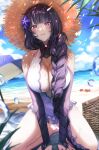  1girl bangs basket beach_umbrella blush braid braided_ponytail breasts bridal_gauntlets cleavage covered_navel flower frills genshin_impact gum_joo hair_flower hair_ornament hat highres kneeling large_breasts long_hair looking_at_viewer ocean one-piece_swimsuit parted_lips purple_eyes purple_hair raiden_shogun seiza sitting solo starfish straw_hat summer swimsuit tassel thighs umbrella water_drop wet 