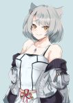  1girl animal_ears bangs bare_shoulders blue_background blush breasts camisole cat_ears commentary_request grey_hair grey_jacket highres jacket johnny_funamushi looking_at_viewer mio_(xenoblade) off_shoulder open_clothes open_jacket partial_commentary short_hair simple_background small_breasts solo spaghetti_strap upper_body xenoblade_chronicles_(series) xenoblade_chronicles_3 yellow_eyes 