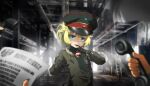  1girl 1other biting black_gloves blonde_hair blurry brooch cross depth_of_field genya_(genya67) glove_biting gloves hat highres holding holding_paper holding_phone iron_cross jewelry looking_at_viewer military military_hat military_uniform paper phone pov soldier tanya_degurechaff uniform upper_body youjo_senki 