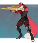  anthro artist_name black_body black_claws black_ears black_fur bottomwear canid canine cheek_tuft claws clothed clothing dipstick_tail facial_tuft fluffy fluffy_tail fox fur grey_bottomwear grey_clothing grey_pants gun hair holding_gun holding_object holding_rifle holding_weapon inner_ear_fluff male mammal markings messy_hair pants pawpads pink_pawpads ranged_weapon rayliicious red_body red_fur red_hair red_tail rifle simple_background sniper_rifle solo standing tail_markings tuft weapon white_body white_fur white_inner_ear_fluff white_tail 