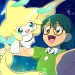  1boy :d bangs black-framed_eyewear brown_eyes commentary_request constellation glasses green_hair green_shirt happy highres ichina0107 jirachi male_focus max_(pokemon) night open_mouth outdoors pokemon pokemon:_jirachi:_wish_maker pokemon_(anime) pokemon_(creature) pokemon_rse_(anime) shirt short_hair short_sleeves signature sky smile star_(sky) tongue upper_body 