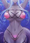  1girl armpits arms_up bikini blue_hair breasts choker cleavage colored_skin double_bun earrings fate/grand_order fate_(series) grey_skin hair_bun head_out_of_frame highleg highleg_bikini highres hoop_earrings horns ibuki_douji_(fate) ibuki_douji_(swimsuit_berserker)_(fate) jewelry large_breasts long_hair multicolored_hair navel oni oni_horns pink_bikini pink_hair pubic_tattoo sidelocks smile solo surock swimsuit tail tattoo 