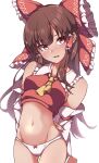  1girl absurdres ascot bare_shoulders blush bow brown_eyes brown_hair cowboy_shot detached_sleeves gokuu_(acoloredpencil) groin hair_bow hair_tubes hakurei_reimu highres japanese_clothes long_hair navel no_pants nontraditional_miko open_mouth panties red_bow ribbon-trimmed_sleeves ribbon_trim sidelocks simple_background solo touhou underwear white_background white_panties white_sleeves wide_sleeves yellow_ascot 