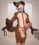  anthro balls big_penis bodily_fluids canid canine canis collar cum domestic_dog erection genital_fluids genitals hi_res kan katarhein knot leaking_cum leash male mammal nude penis smile solo thick_penis tongue tongue_out 
