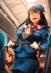  3girls absurdres airplane_interior bangs belt black_hair blazer blue_eyes blue_headwear blue_jacket blue_skirt bra breasts brown_belt brown_eyes collared_shirt commentary english_commentary fingerless_gloves flight_attendant foreshortening gloves highres holding holding_belt holding_clothes holding_shirt indoors jacket khyle. kill_la_kill kiryuuin_satsuki large_breasts light_brown_hair long_hair long_sleeves looking_to_the_side mankanshoku_mako matoi_ryuuko motion_lines multicolored_hair multiple_girls open_mouth patreon_logo patreon_username red_gloves shirt skirt standing streaked_hair teeth thick_eyebrows travel_attendant underwear upper_teeth web_address white_bra white_gloves white_shirt 