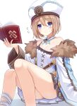  1girl ankle_ribbon ass bare_legs bare_shoulders blanc_(neptune_series) blue_eyes blush book breasts brown_hair cleavage closed_mouth coat dress frown fur-trimmed_coat fur_trim giga-tera hair_between_eyes hand_up holding holding_book knees_together_feet_apart knees_up leg_ribbon legs long_sleeves looking_at_viewer medium_hair neptune_(series) off-shoulder_coat off_shoulder ribbon simple_background sitting small_breasts solo spaghetti_strap staring strap_slip thighs upskirt white_coat white_dress white_headwear white_ribbon wide_sleeves 