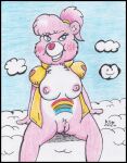  anthro blue_eyes blush breasts care_bears cheer_bear cloud female fur genitals hair mammal nipples nude pink_body pink_fur pink_nipples ponytail pussy reddragonkan solo traditional_media_(artwork) ursid 