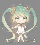  1girl :&gt; absurdly_long_hair ahoge artist_name bangs blonde_hair chibi clenched_hand crossed_legs dress en_pointe full_body gramophone_miku green_eyes green_hair grey_background hand_up hatsune_miku headset kikuchi_mataha knee_strap long_hair looking_at_viewer miku_symphony_(vocaloid) outstretched_arm pleated_dress see-through signature simple_background smile solo standing strapless strapless_dress twintails very_long_hair vocaloid 
