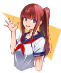  1girl :d blue_sailor_collar brown_hair collared_shirt cropped_arms cropped_torso highres long_hair looking_at_viewer neckerchief open_mouth original outstretched_hand ponytail purple_eyes red_neckerchief sailor_collar sailor_shirt school_uniform serafuku shiny shiny_hair shirt short_sleeves sidelocks sketch smile solo sushi_(sashimise) very_long_hair waving white_background white_shirt 