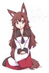  1girl animal_ears brooch brown_hair dress imaizumi_kagerou jewelry long_hair long_sleeves off-shoulder_dress off_shoulder red_eyes simple_background solo tail touhou white_background white_dress wolf_ears wolf_tail wool_(miwol) 