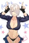 1girl angel_(kof) ayato_g90210 blue_eyes breasts chaps cropped_jacket finger_horns fingerless_gloves gloves hair_over_one_eye highres index_fingers_raised jacket large_breasts leather leather_jacket looking_at_viewer snk the_king_of_fighters the_king_of_fighters_xiv toned underwear 